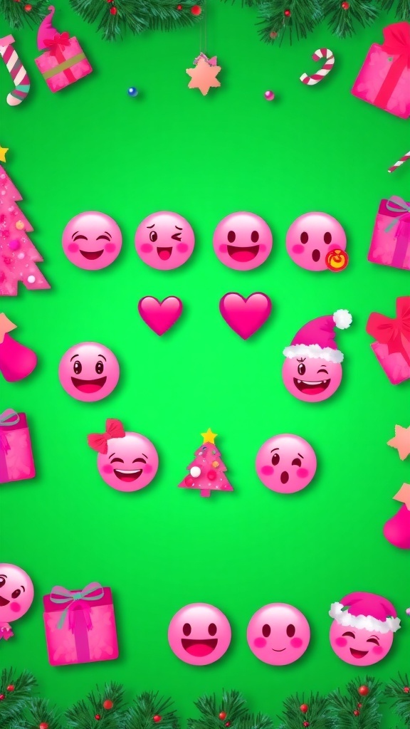 Pink Christmas Emoji Guide for iOS 18.1 A colorful assortment of pink Christmas emojis including a tree, gifts, and decorations.